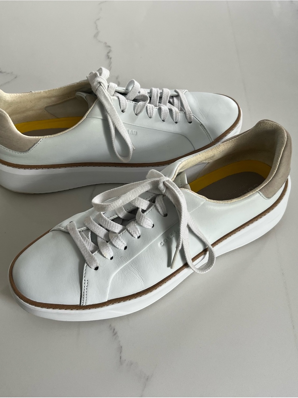 Cole Haan Women’s White Leather Low-Top Sneakers with Tan Heel Accent